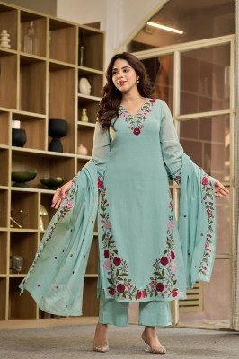 Premium Cotton 60×60 3-Piece Straight Kurti Pant Dupatta Set with Heavy Thread Embroidery Size wise Combo Set