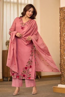 Premium Cotton 60×60 3-Piece Straight Kurti Pant Dupatta Set with Heavy Thread Embroidery Size wise Combo Set