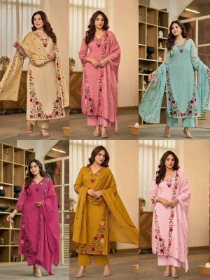 Premium Cotton 60×60 3-Piece Straight Kurti Pant Dupatta Set with Heavy Thread Embroidery Size wise Combo Set