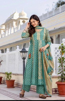 Premium Cotton 60×60 Traditional Print 3-Piece Full Flair Kurti Set with Mirror Work wholesale catalogs