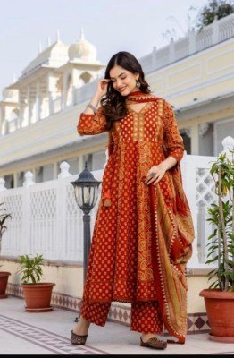 Premium Cotton 60×60 Traditional Print 3-Piece Full Flair Kurti Set with Mirror Work Size wise Combo Set