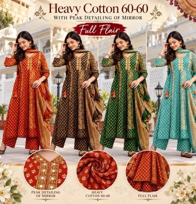 Premium Cotton 60×60 Traditional Print 3-Piece Full Flair Kurti Set with Mirror Work Size wise Combo Set