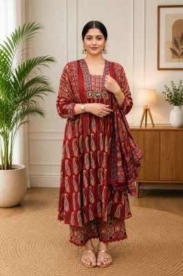 Premium Cotton Ajrakh Print 3 Piece Suit Set     Flared Kurta Pant Dupatta wholesale catalogs