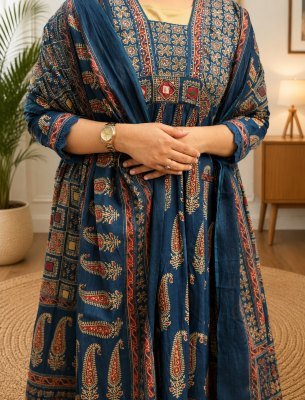 Premium Cotton Ajrakh Print 3 Piece Suit Set     Flared Kurta Pant Dupatta Size wise Combo Set
