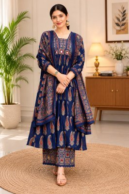 Premium Cotton Ajrakh Print 3 Piece Suit Set     Flared Kurta Pant Dupatta Size wise Combo Set