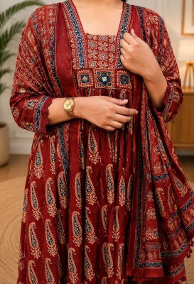 Premium Cotton Ajrakh Print 3 Piece Suit Set     Flared Kurta Pant Dupatta Size wise Combo Set