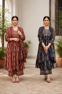 Premium Cotton Ajrakh Print 3 Piece Suit Set     Flared Kurta Pant Dupatta Size wise Combo Set