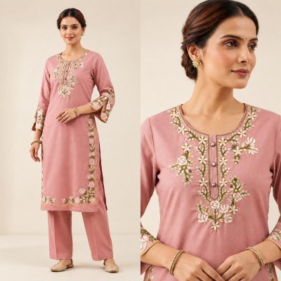 Premium Cotton Embroidery Work 2-Piece Co-Ord Set – Top & Bottom Size wise Combo Set