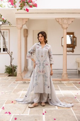 Premium Cotton Flex Embroidered Kurti Plazzo 3-Piece Set 