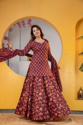 Premium Cotton Floral Print Kurti Flared Skirt Dupatta Set 