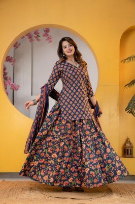 Premium Cotton Floral Print Kurti Flared Skirt Dupatta Set lehenga choli catalogs
