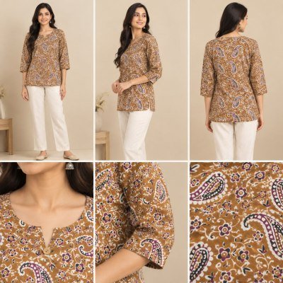 Premium Cotton Floral Print Short Kurti with 3/4 Sleeves kurtis catalogs