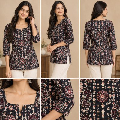 Premium Cotton Floral Print Short Kurti with 3/4 Sleeves kurtis catalogs