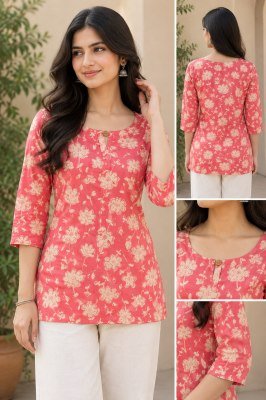 Premium Cotton Floral Print Short Kurti with 3/4 Sleeves kurtis catalogs