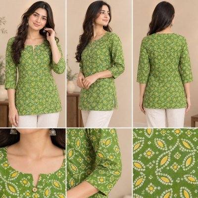 Premium Cotton Floral Print Short Kurti with 3/4 Sleeves kurtis catalogs