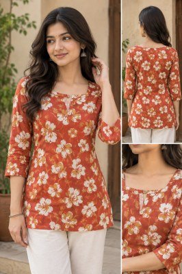 Premium Cotton Floral Print Short Kurti with 3/4 Sleeves kurtis catalogs