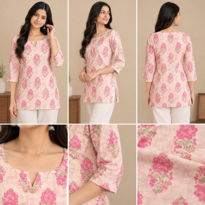 Premium Cotton Floral Print Short Kurti with 3/4 Sleeves kurtis catalogs
