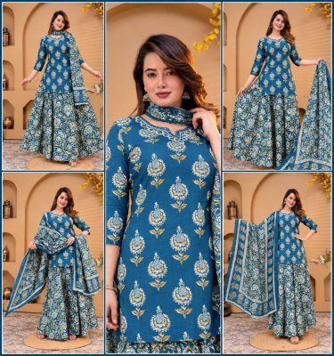 Premium Cotton Floral Printed Kurti Flared Skirt Dupatta 3-Piece Combo Set 