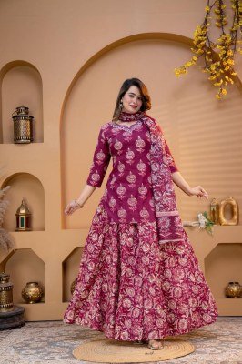 Premium Cotton Floral Printed Kurti Flared Skirt Dupatta 3-Piece Combo Set wholesale catalogs