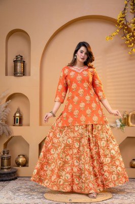Premium Cotton Floral Printed Kurti Flared Skirt Dupatta 3-Piece Combo Set Size wise Combo Set