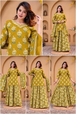 Premium Cotton Floral Printed Kurti Flared Skirt Dupatta 3-Piece Combo Set Size wise Combo Set