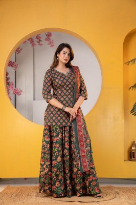 Premium Cotton Floral Printed Kurti Flared Skirt Dupatta Set lehenga choli catalogs