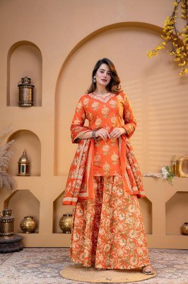 Premium Cotton Floral Printed Kurti Flared Skirt Dupatta 3-Piece Combo Set Size wise Combo Set