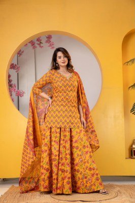 Premium Cotton Floral Printed Kurti Flared Skirt Dupatta Set lehenga choli catalogs