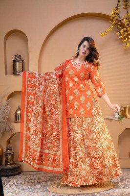 Premium Cotton Floral Printed Kurti Flared Skirt Dupatta 3-Piece Combo Set Size wise Combo Set