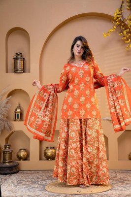 Premium Cotton Floral Printed Kurti Flared Skirt Dupatta 3-Piece Combo Set Size wise Combo Set