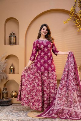 Premium Cotton Floral Printed Kurti Flared Skirt Dupatta 3-Piece Combo Set Size wise Combo Set