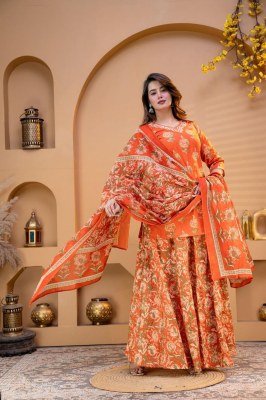 Premium Cotton Floral Printed Kurti Flared Skirt Dupatta 3-Piece Combo Set Size wise Combo Set