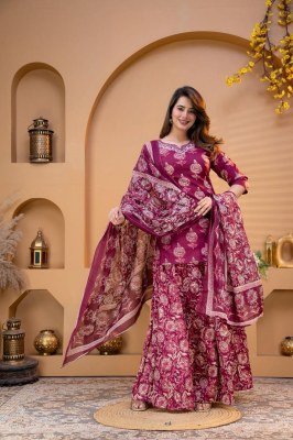 Premium Cotton Floral Printed Kurti Flared Skirt Dupatta 3-Piece Combo Set Size wise Combo Set
