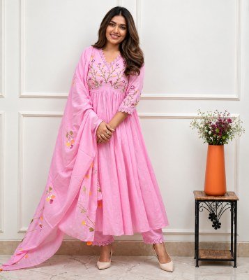 Premium Cotton Full Flair Anarkali Pant Dupatta Set with Heavy Embroidery 