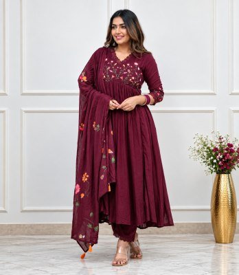 Premium Cotton Full Flair Anarkali Pant Dupatta Set with Heavy Embroidery Size wise Combo Set
