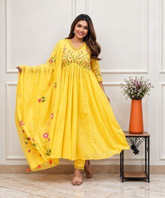 Premium Cotton Full Flair Anarkali Pant Dupatta Set with Heavy Embroidery Size wise Combo Set