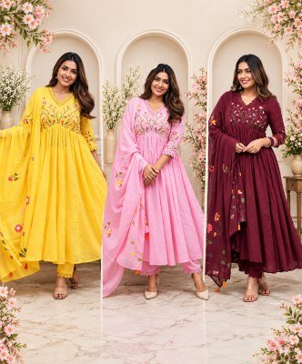 Premium Cotton Full Flair Anarkali Pant Dupatta Set with Heavy Embroidery Size wise Combo Set