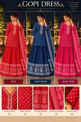 Premium Cotton Gopi Dress 3-Piece Set with Kurti and 3.5M Flared Skirt Size wise Combo Set