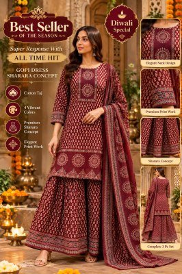 Premium Cotton Gopi Dress Set – 3-Piece Kurti Sharara Dupatta Collection Size wise Combo Set