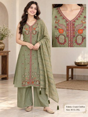 Premium Crush Chiffon 3-Piece Top Palazzo Dupatta Set wholesale catalogs