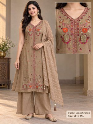 Premium Crush Chiffon 3-Piece Top Palazzo Dupatta Set Size wise Combo Set