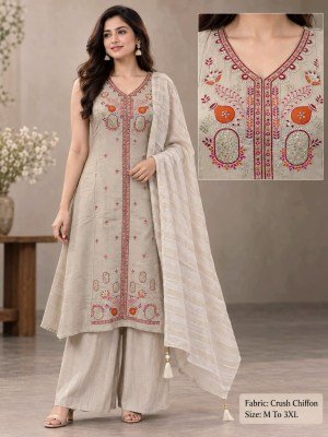 Premium Crush Chiffon 3-Piece Top Palazzo Dupatta Set Size wise Combo Set