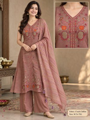 Premium Crush Chiffon 3-Piece Top Palazzo Dupatta Set Size wise Combo Set