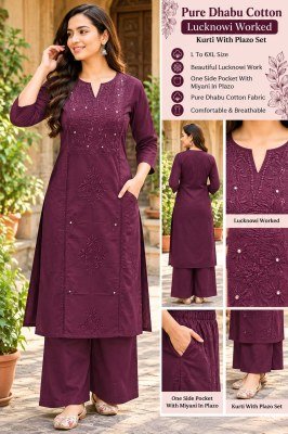 Premium Dhabu Cotton 2-Piece Kurti Palazzo Set with Lucknowi Work Size wise Combo Set