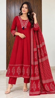 Premium Festive Cotton Taj 3-Piece Full Flair Kurta Bottom Dupatta Set wholesale catalogs