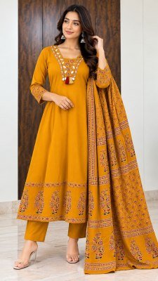 Premium Festive Cotton Taj 3-Piece Full Flair Kurta Bottom Dupatta Set Size wise Combo Set