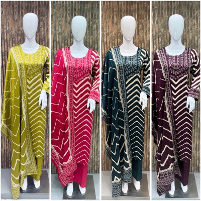 Premium Gaji Silk Patchwork 3-Piece Kurti Pant Dupatta Set Size wise Combo Set