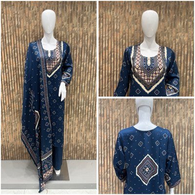 Premium Gaji Silk Patchwork 3-Piece Kurti Pant Dupatta Set Size wise Combo Set
