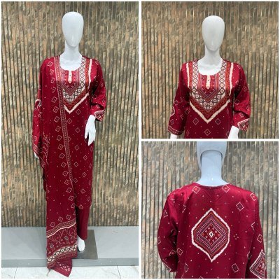 Premium Gaji Silk Patchwork 3-Piece Kurti Pant Dupatta Set Size wise Combo Set