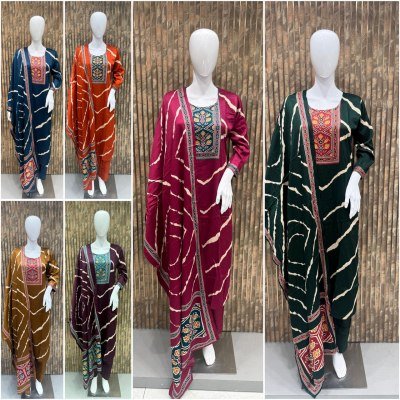 Premium Gaji Silk Rayon Kurti Pant Dupatta Set with Patch and Print 